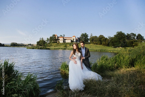 Obraz happy wedding couple walking holding hands in evening field on background of old castle. elegant bride and groom embracing. romantic moment. man in suit with bow tie and woman in dress with pearls