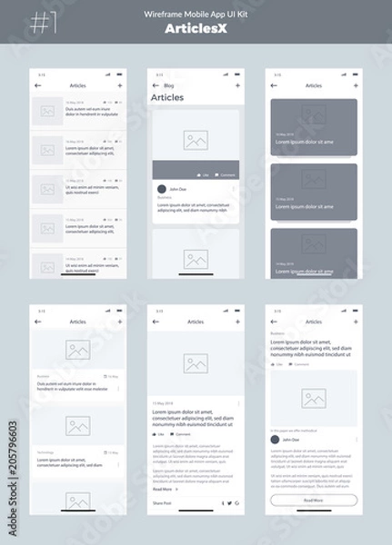 Obraz Zestaw szkieletowy do telefonu komórkowego. Interfejs aplikacji mobilnej, projektowanie UX. Nowe artykuły na temat systemu operacyjnego. Ekrany blogów, list i artykułów.