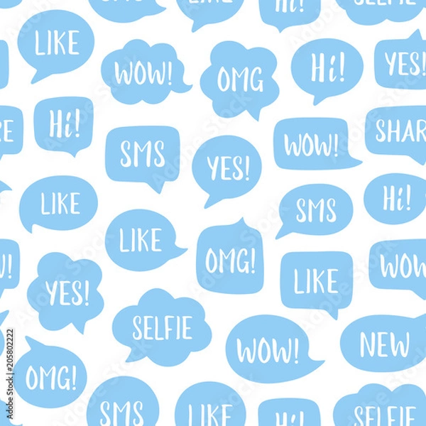 Obraz Vector seamless pattern of blue speech bubbles with popular social media phrases: selfie, like, wow, sms, hi etc. Blue background. Communication, chat, dialog, gadgets, social media network concept