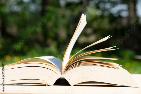 Obraz Book on a wooden table. Cards moved by the wind.