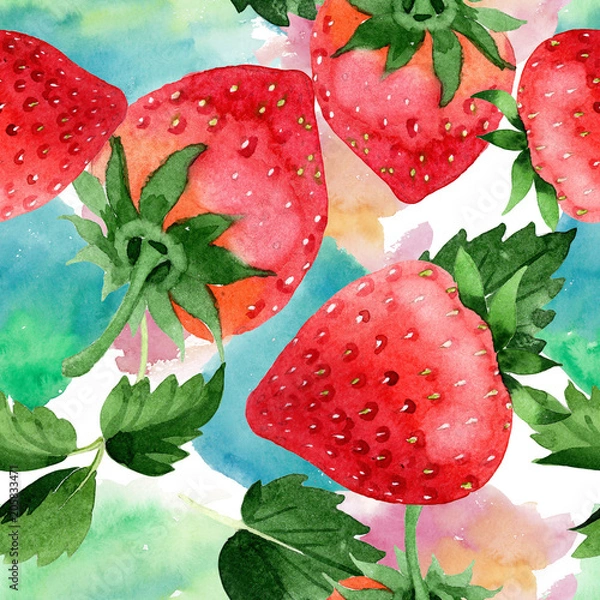 Fototapeta Red strawberries healthy food. Seamless background pattern. Fabric wallpaper print texture. Full name of the fruit: strawberry. Aquarelle wild fruit for background, texture, wrapper pattern or menu.