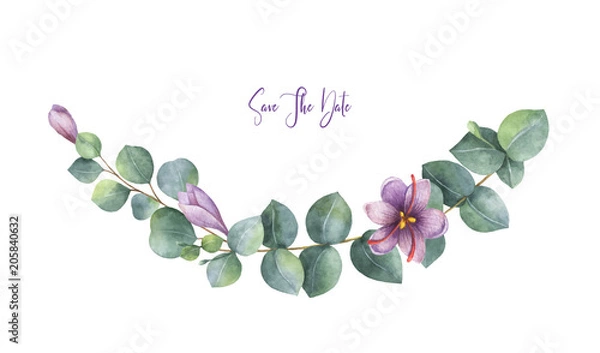 Fototapeta Watercolor vector wreath with green eucalyptus leaves, purple flowers and branches.
