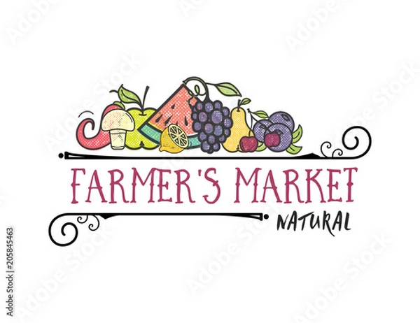 Fototapeta Owoce i warzywa, baner wegetariański Farmer's Market, pojedyncze kolorowe ikony wektorowe.
