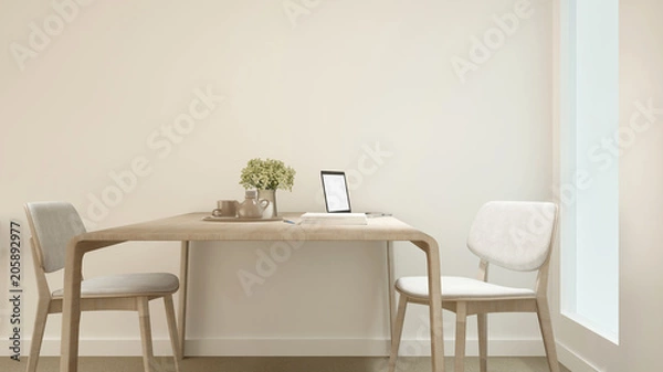 Fototapeta Dining room and workspace in coffee shop or restaurant - Interior design simple design for artwork condominium or home - 3D Rendering