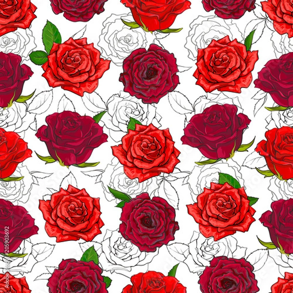 Obraz Red roses seamless pattern with hand drawn flowers with leaves on white background. Romantic floral backdrop in sketch style - vector illustration for wedding or textile design.