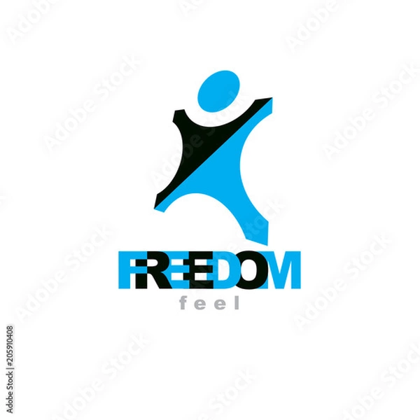 Fototapeta Vector illustration of excited abstract  man with raised reaching up. Liberty conceptual logo. Happiness metaphor symbol. Business innovation idea creative logotype.