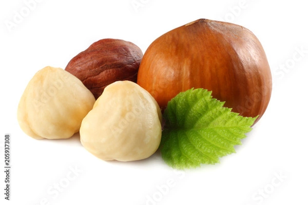 Fototapeta hazelnuts with leaves isolated on white background. macro