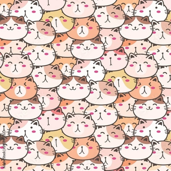 Fototapeta Cute Cats Vector Pattern Background. Fun Doodle. Handmade Vector Illustration.
