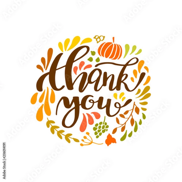 Obraz Thanksgiving card design with elegant branch round frame and text, vector illustration. Lettering design