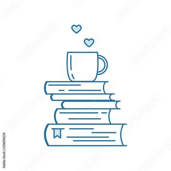Fototapeta Pile of books and coffee or tea cup with heart symbols. I love reading concept for libraries, book stores, festivals, fairs and schools. Line icon. Vector illustration isolated on white.