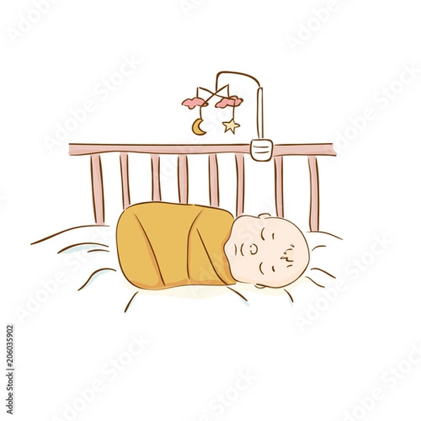 Obraz A cute newborn is sleeping in a crib. Vector cartoon illustration