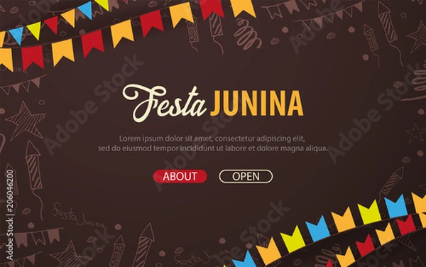 Obraz Festa Junina background with hand draw doodle elements and party flags. Brazil or Latin American holiday. Vector illustration