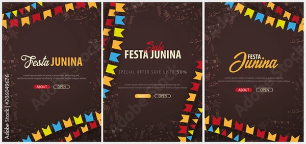 Obraz Set of Festa Junina backgrounds with hand draw doodle elements and party flags. Brazil or Latin American holiday. Vector illustration