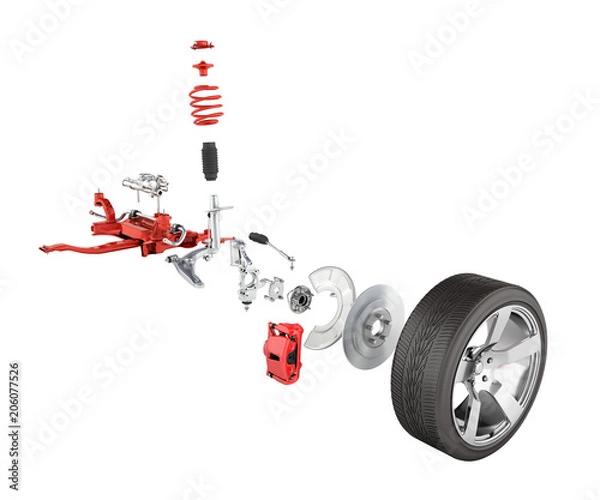 Fototapeta Suspension of the car in details with wheel isolated on white background 3d without shadow