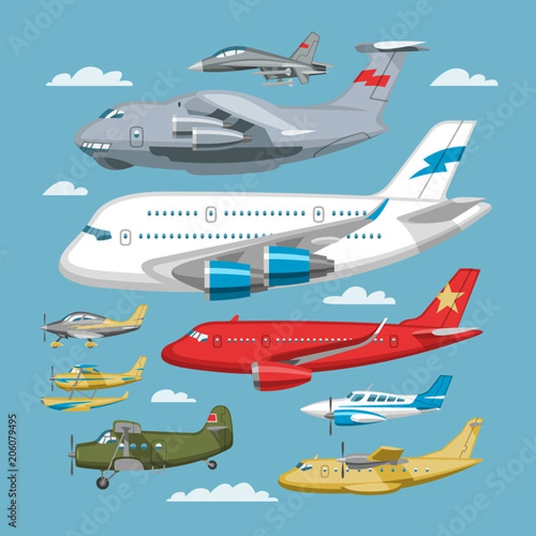 Obraz Plane vector aircraft or airplane and jet flight transportation in sky illustration aviation set of aeroplane or airliner and airfreighter cargo isolated on background