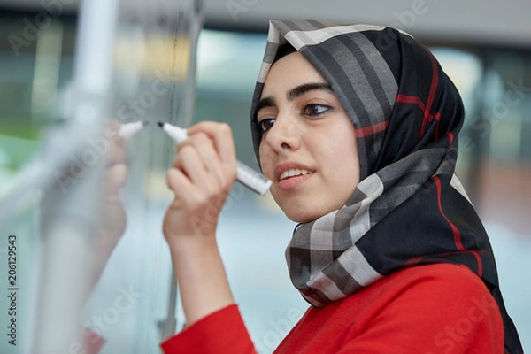 Fototapeta Young female student performs the task at the blackboard.