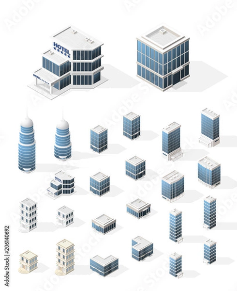 Fototapeta Set of Realistic Isometric High Quality City Element for Map on White Background . Buildings