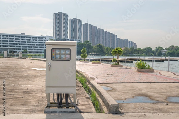 Fototapeta Outdoors electric distribution box at yacht harbor