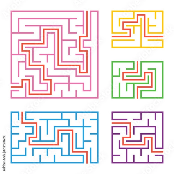 Obraz A set of colored square and rectangular labyrinths with entrance and exit. Simple flat vector illustration isolated on white background. With the answer.