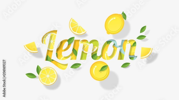 Fototapeta Projekt cytryny Word ozdobiony owocami i liśćmi cytryny w stylu sztuki papieru, wektor, ilustracja