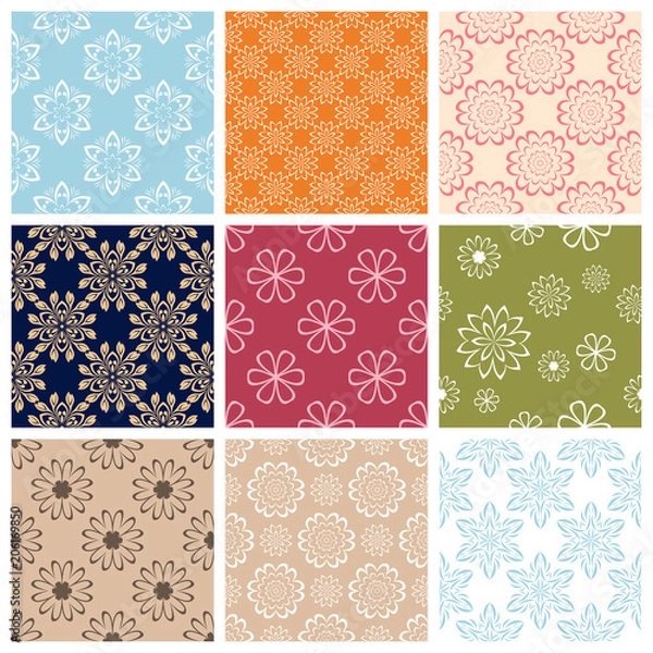 Fototapeta Colored set with flower elements. Floral seamless pattern. 