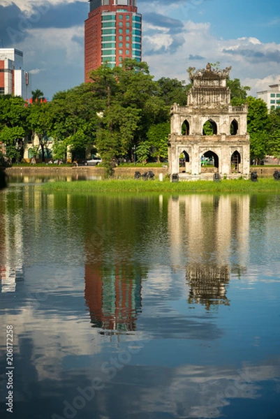 Obraz Turtle Tower (Thap Rua) in Hoan Kiem lake (Sword lake, Ho Guom) in Hanoi, Vietnam.