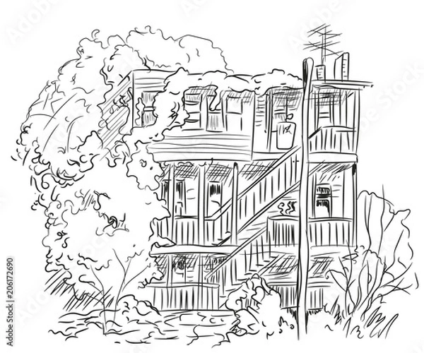 Fototapeta house with trees lines, vector