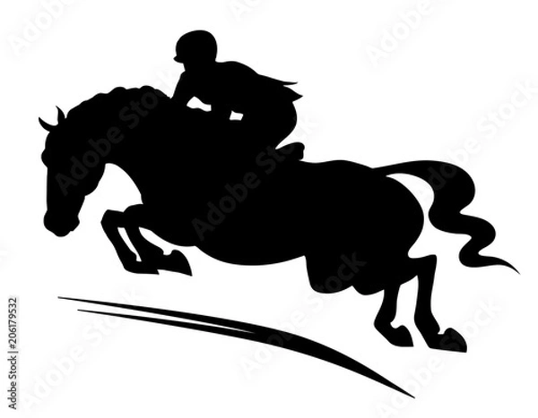 Fototapeta A silhouette of a rider on a horse jumping over an obstacle.