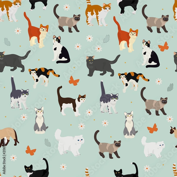 Fototapeta Vector seamless pattern with cats and flowers