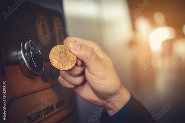 Fototapeta Gold Medal-Vending Machine.  Digital Currency can replace cash in the future. Bitcoin. Copy space. Cashless world concept.