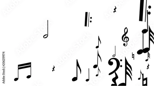 Fototapeta Black Musical Notes on White Background.  Many Random Falling Notes, Bass and Treble Clef.
