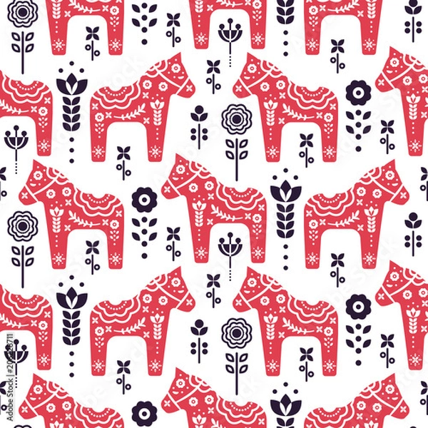 Obraz Folk swedish horse floral seamless vector pattern.