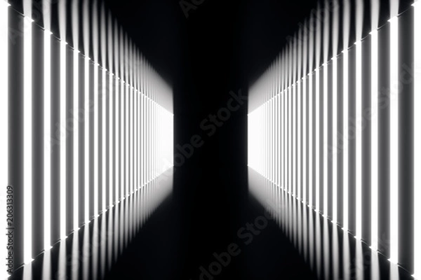 Fototapeta 3D rendering abstrac futuristic dark corridor with neon lights. Glowing light. Futuristic architecture background