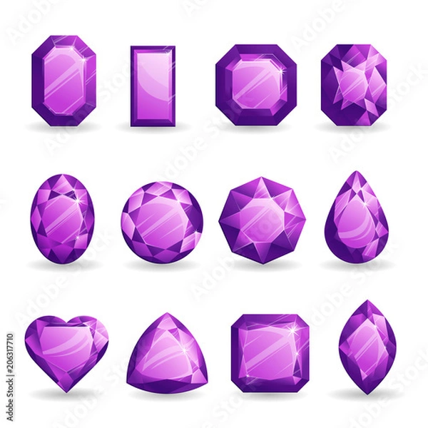 Fototapeta Set of realistic purple gemstones. Amethyst of different forms isolated on white background.