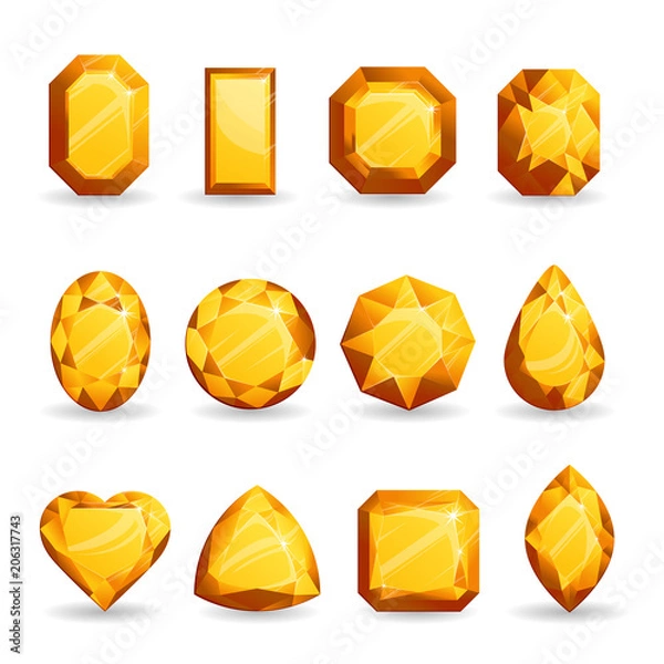 Fototapeta Set of realistic orange gemstones. Citrine stone of different forms isolated on white background.