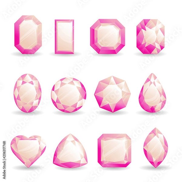 Fototapeta Set of realistic pink gemstones. Pink tourmaline stone of different forms isolated on white background.
