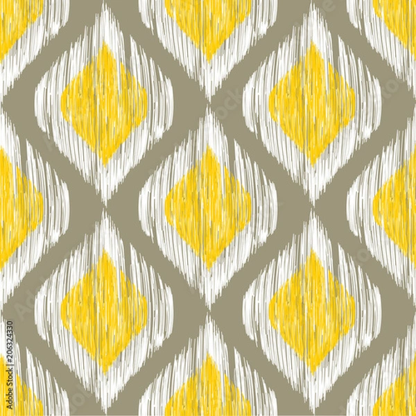 Fototapeta Yellow, white and grey rhomb seamless pattern in native ikat style.