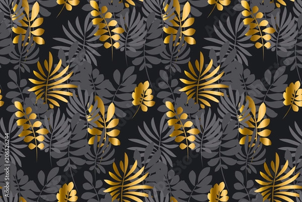Obraz Abstract gold and black leaves tropical seamless pattern.