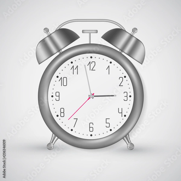 Obraz Vintage alarm clock realistic drawing vector isolated on white. Metallic chrome brushed shell with bell caps. Deadline or being on time concept. Business accuracy, capability to organize and manage.