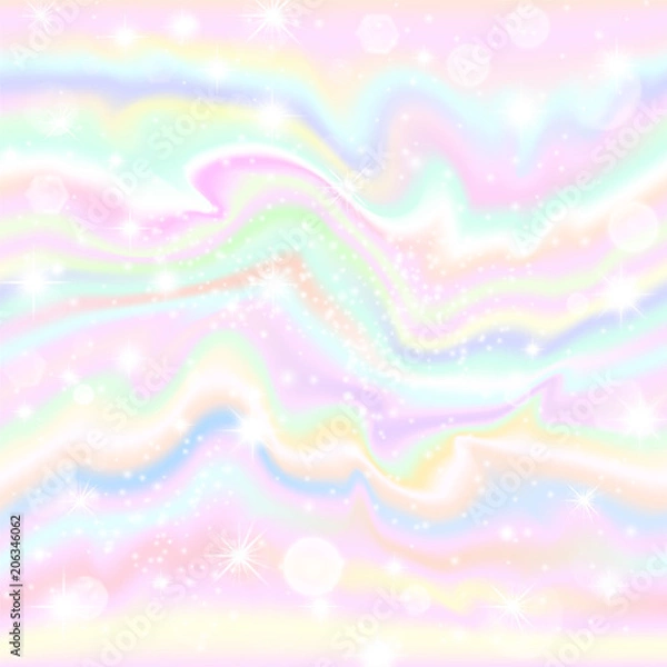 Fototapeta Marbling vanilla sky texture with sundogs morning pastel rainbow tints. Sparkling stardust glitter backdrop for princess celebrstions, party posters and banners. Dreamy mood background.