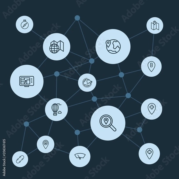 Obraz Abstract background with polygonal connected lines and transports, location, travel outline icons. Can be use for websites, mobile apps, presentations and other design works