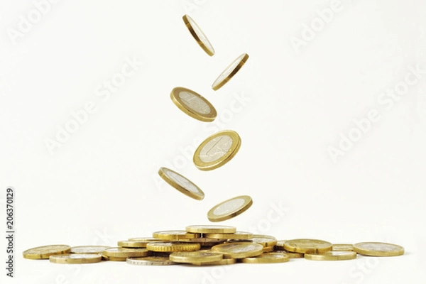 Fototapeta Falling euro coins on white background