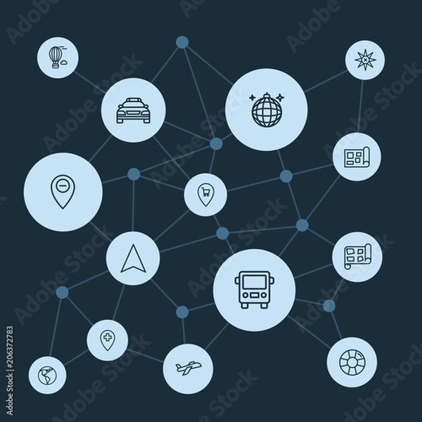Obraz Abstract background with polygonal connected lines and transports, location, travel outline icons. Can be use for websites, mobile apps, presentations and other design works