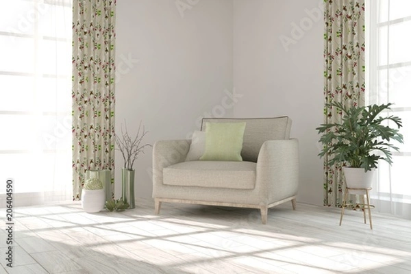 Obraz Inspiration of white minimalist room with armchair. Scandinavian interior design. 3D illustration