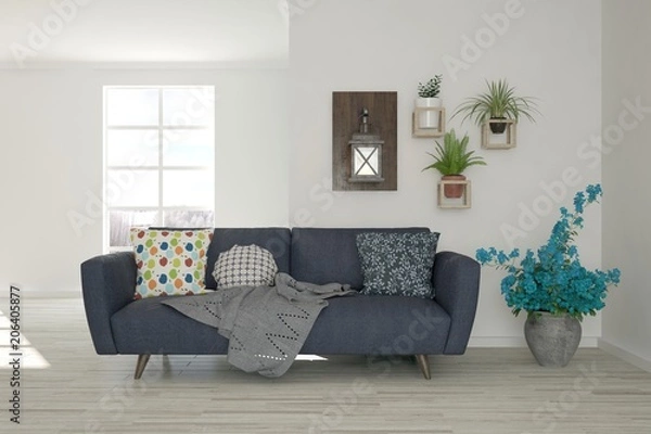 Fototapeta Idea of white minimalist room with sofa. Scandinavian interior design. 3D illustration