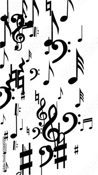 Fototapeta Black Musical Notes on White Background.  Many Random Falling Notes, Bass and Treble Clef.