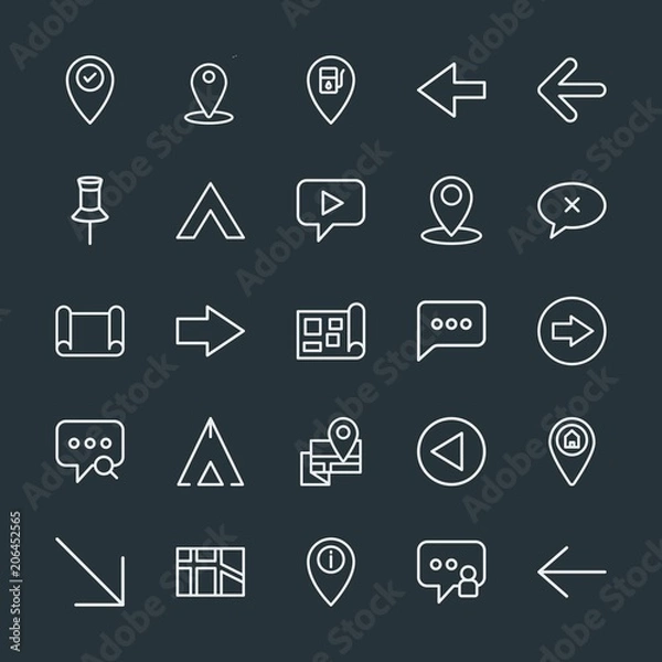 Obraz Modern Simple Set of location, arrows, chat and messenger, security Vector outline Icons. Contains such Icons as  gps, message,  sign,  map and more on dark background. Fully Editable. Pixel Perfect.