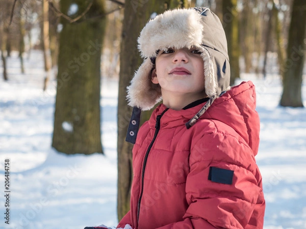 Fototapeta Cute little boy in red jacket at winter park background
