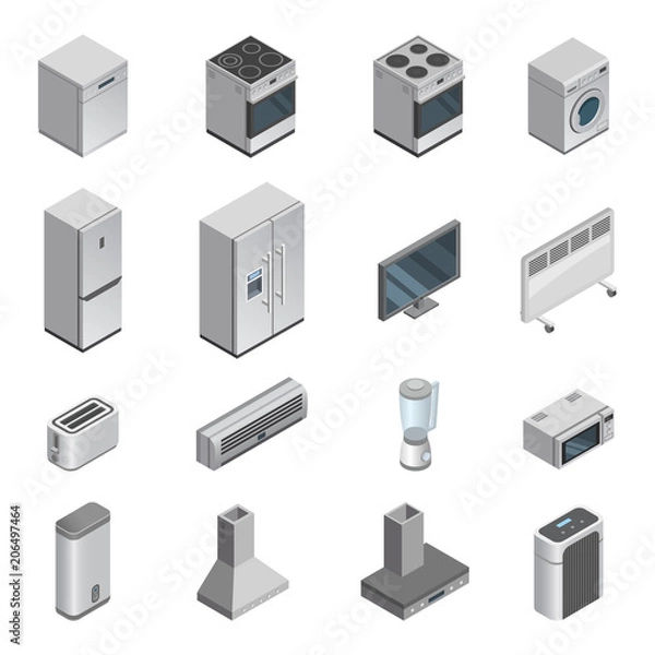 Fototapeta Sprzęt AGD wektor kuchnia homeappliance dla domu zestaw kuchenka lub pralka i kuchenka mikrofalowa w sklepie AGD izometryczna ilustracja sprzętu do sprzątania na białym tle