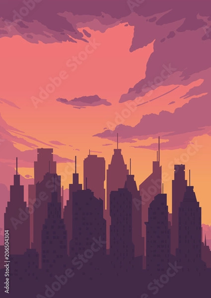 Obraz Cityscape in evening. 
illustration of flat colored silhouettes of buildings in evening